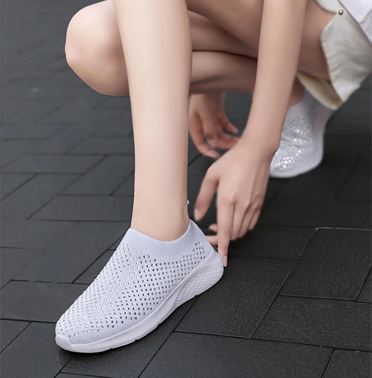 Rhinestone Sneaker Ladies Slip on Mesh Running Shoes Women's Ballroom Jazz Latin Dance Socks Sneakers Lightweight Breathable Fitness Walking Shoes