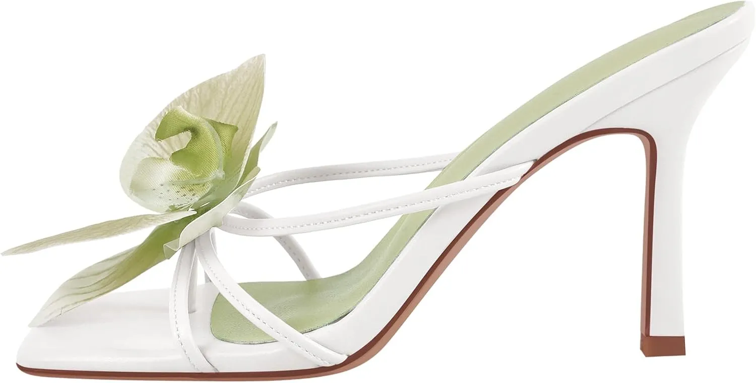 richealnini Floral Orchid Heels for Women Slip On Stiletto High Heels Thong Mules