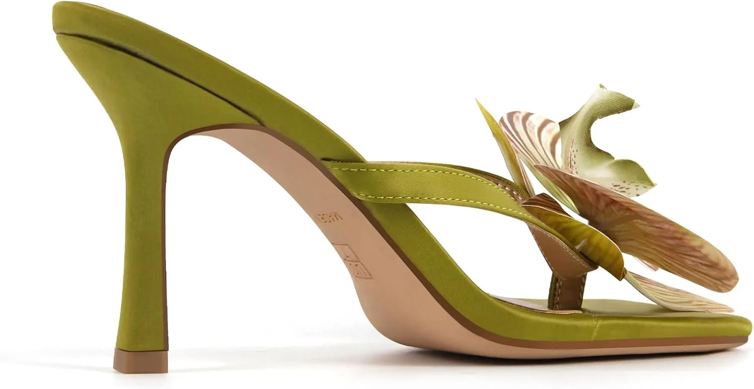 richealnini Floral Orchid Heels for Women Slip On Stiletto High Heels Thong Mules