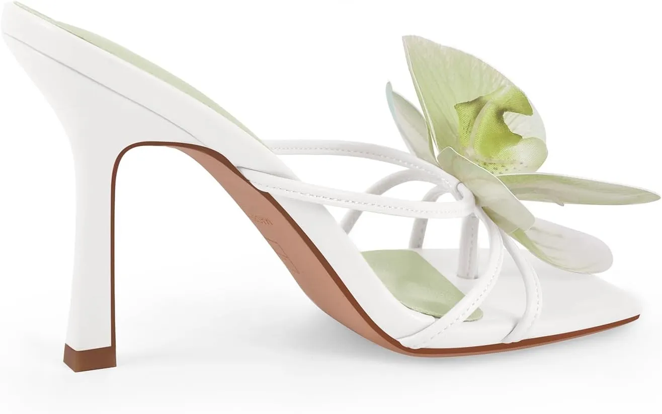 richealnini Floral Orchid Heels for Women Slip On Stiletto High Heels Thong Mules