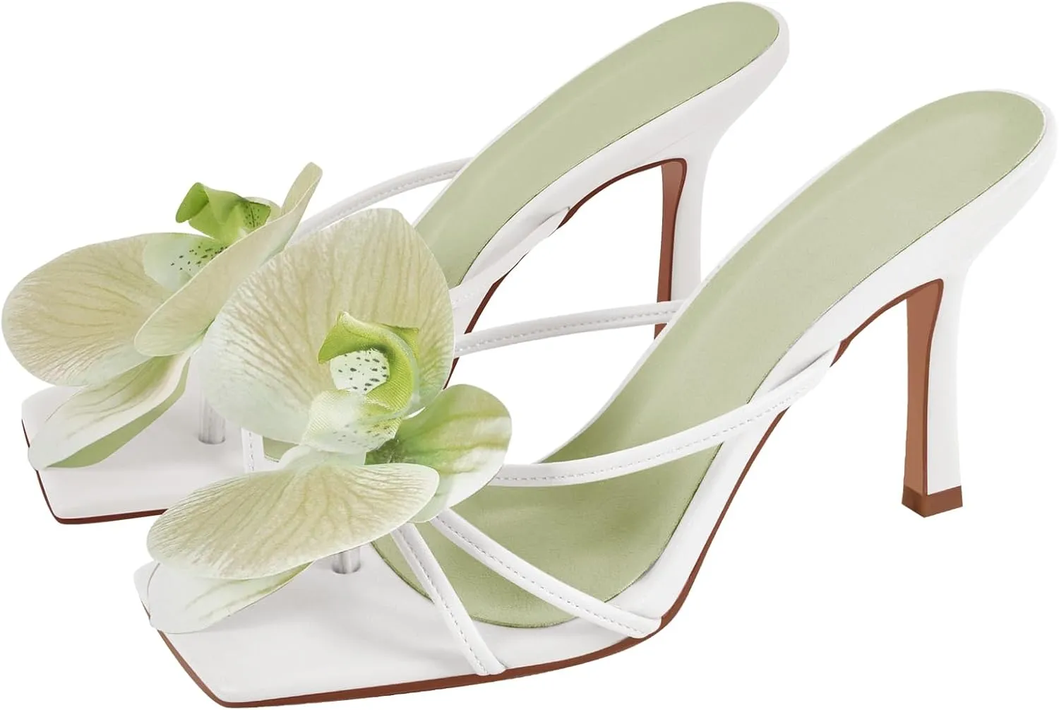 richealnini Floral Orchid Heels for Women Slip On Stiletto High Heels Thong Mules