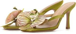 richealnini Floral Orchid Heels for Women Slip On Stiletto High Heels Thong Mules