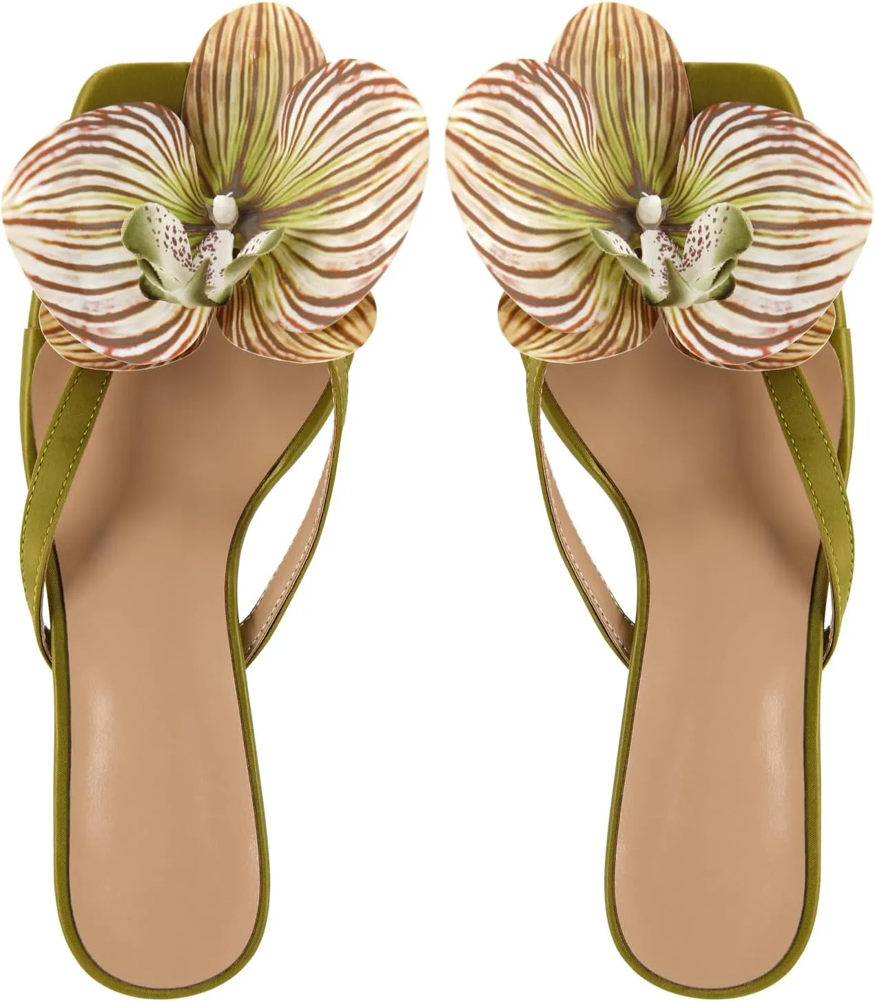 richealnini Floral Orchid Heels for Women Slip On Stiletto High Heels Thong Mules