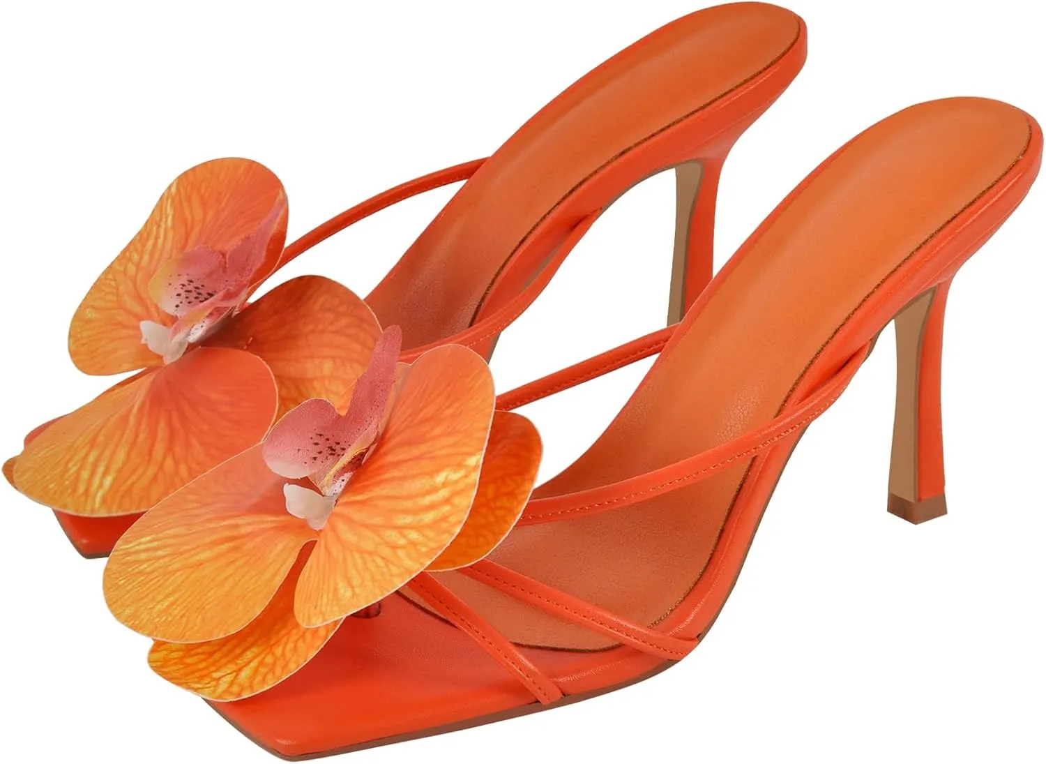 richealnini Floral Orchid Heels for Women Slip On Stiletto High Heels Thong Mules