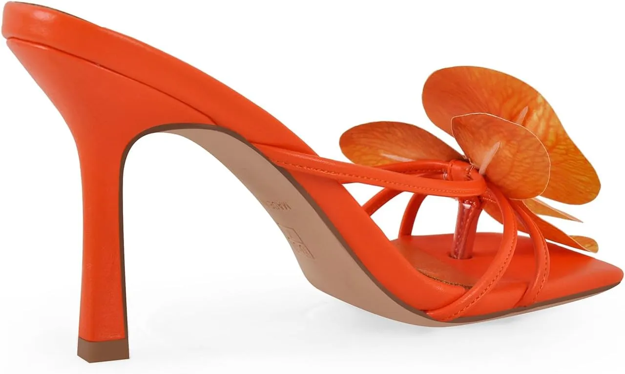 richealnini Floral Orchid Heels for Women Slip On Stiletto High Heels Thong Mules