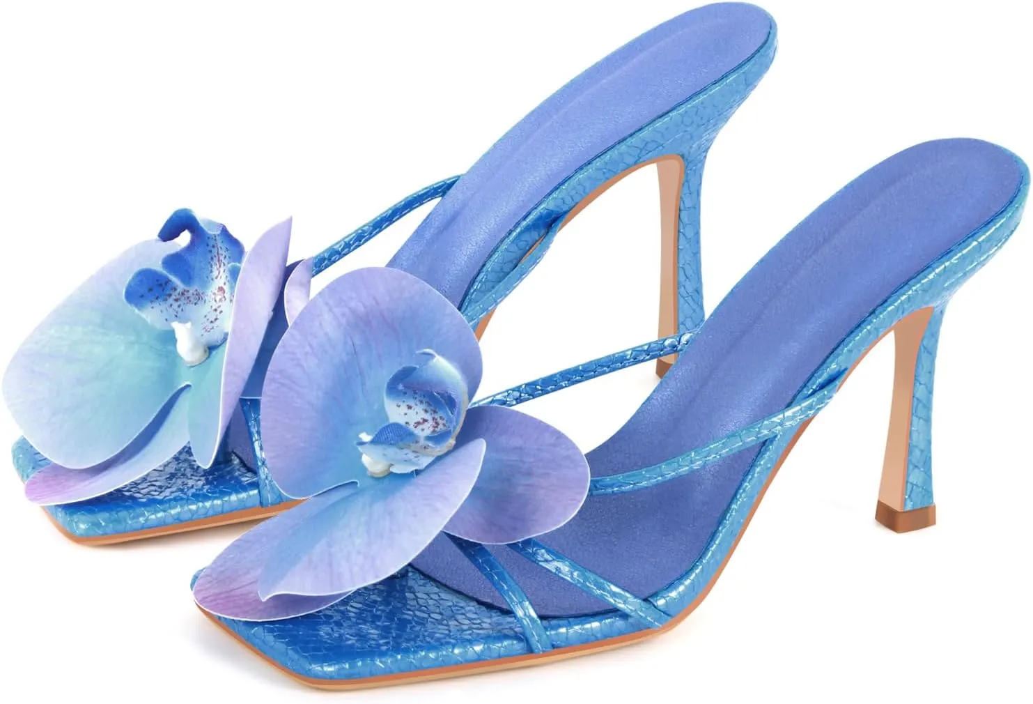 richealnini Floral Orchid Heels for Women Slip On Stiletto High Heels Thong Mules