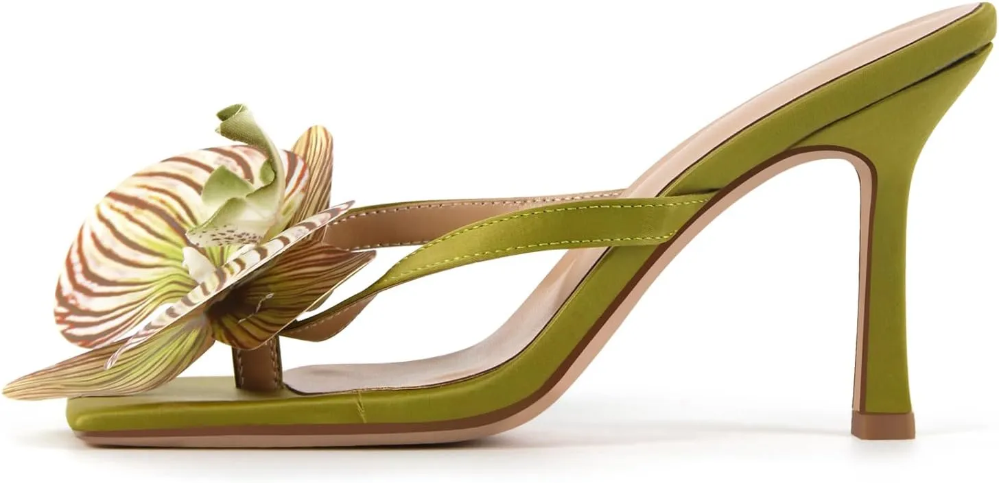 richealnini Floral Orchid Heels for Women Slip On Stiletto High Heels Thong Mules