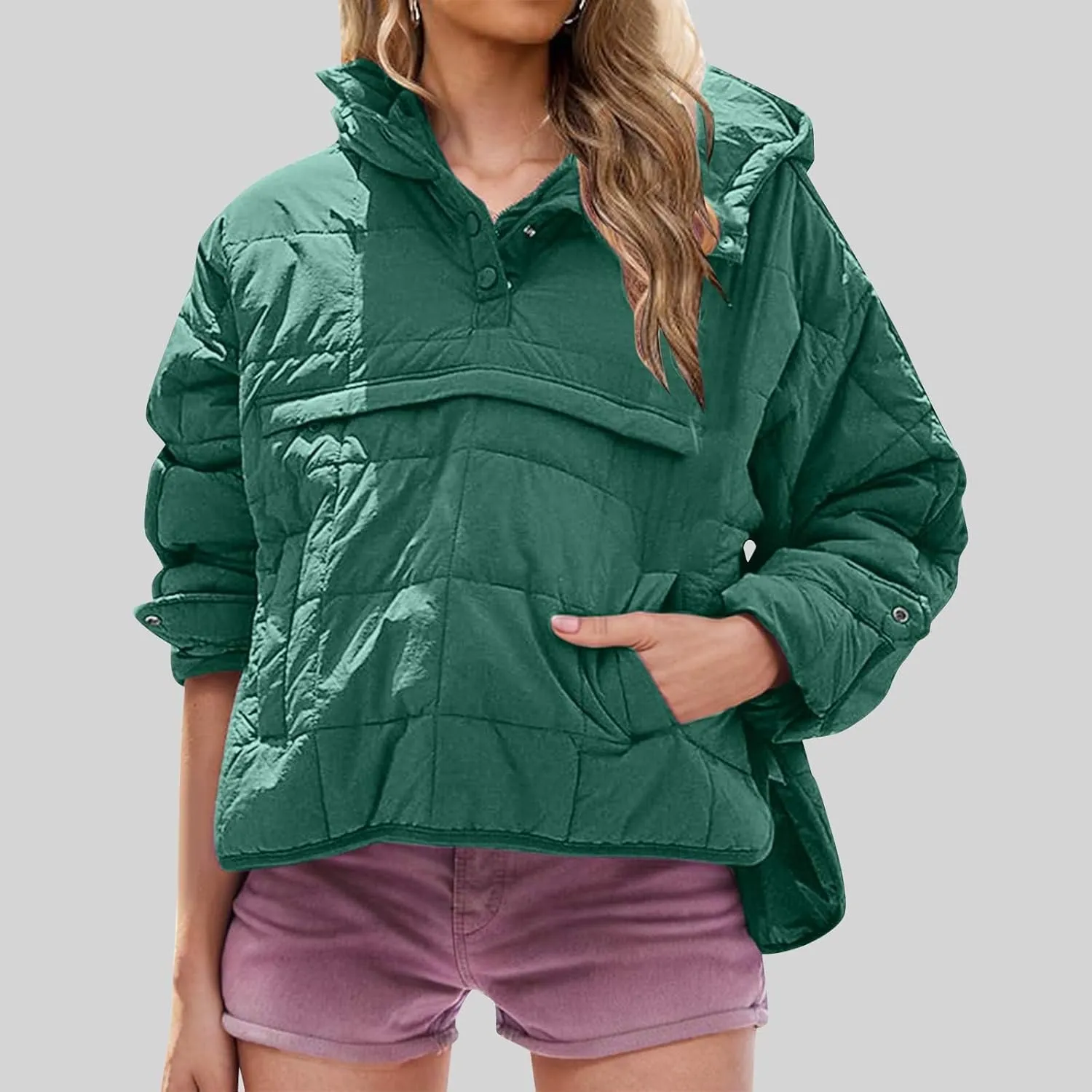 RKSTN Women Quilted Pullover Puffer Jacket Loose Hooded Coats Winter Warm Lightweight Outerwear with Pockets