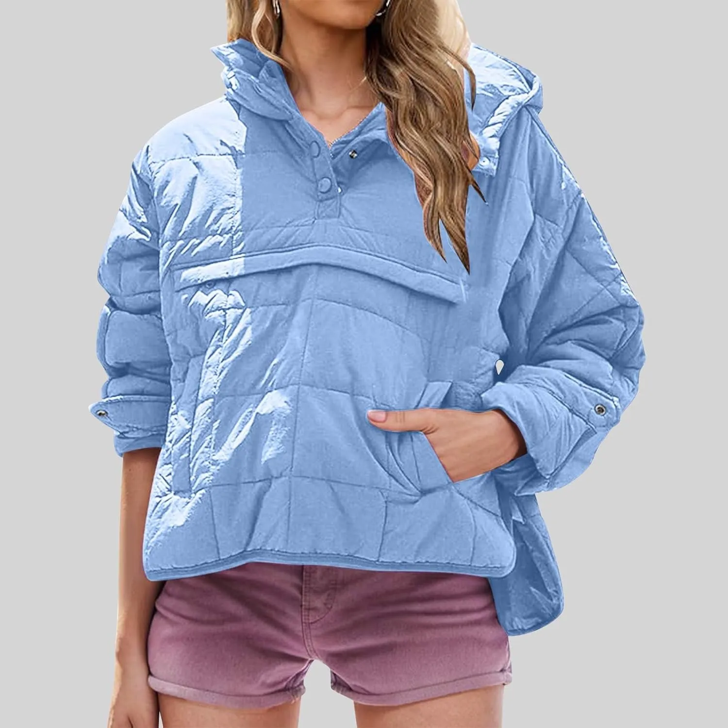 RKSTN Women Quilted Pullover Puffer Jacket Loose Hooded Coats Winter Warm Lightweight Outerwear with Pockets
