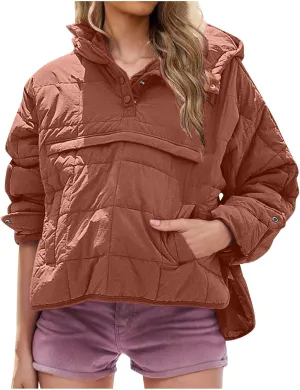 RKSTN Women Quilted Pullover Puffer Jacket Loose Hooded Coats Winter Warm Lightweight Outerwear with Pockets
