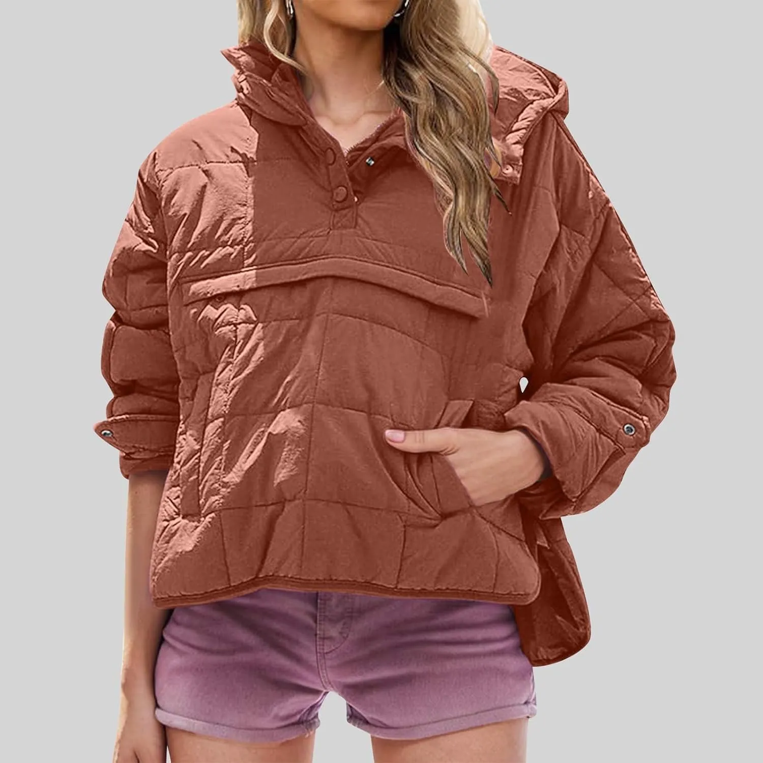 RKSTN Women Quilted Pullover Puffer Jacket Loose Hooded Coats Winter Warm Lightweight Outerwear with Pockets