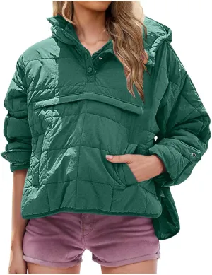 RKSTN Women Quilted Pullover Puffer Jacket Loose Hooded Coats Winter Warm Lightweight Outerwear with Pockets
