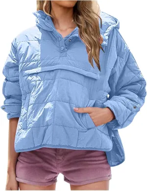 RKSTN Women Quilted Pullover Puffer Jacket Loose Hooded Coats Winter Warm Lightweight Outerwear with Pockets