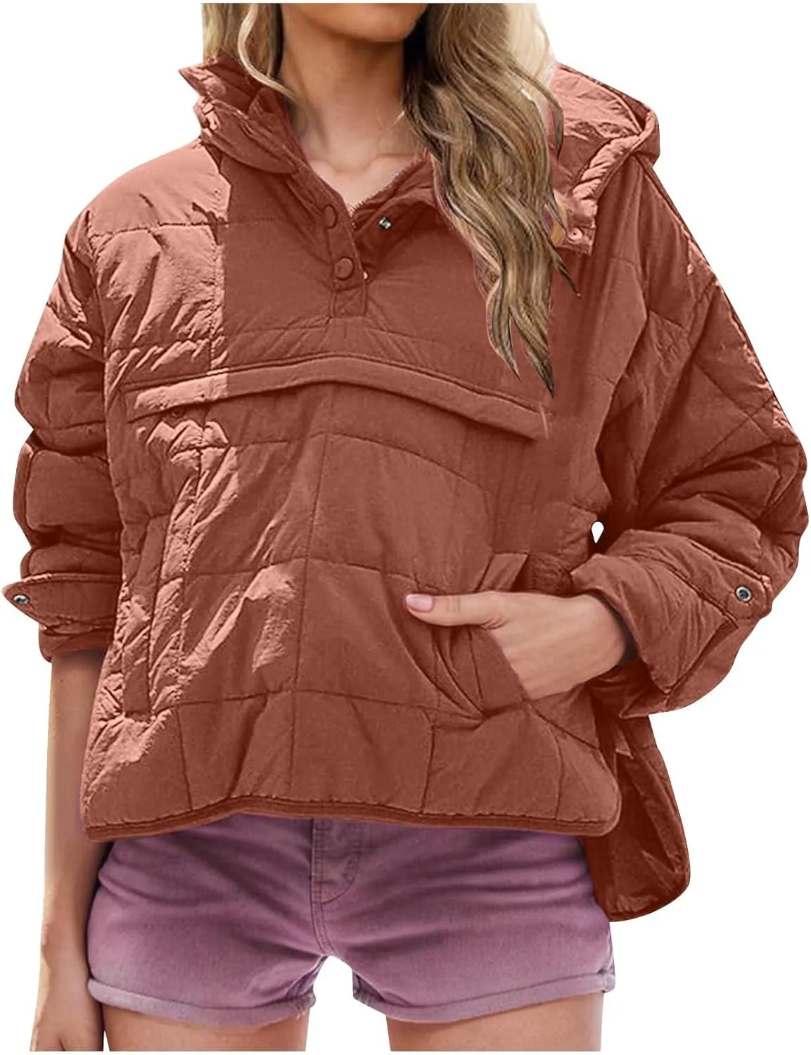 RKSTN Women Quilted Pullover Puffer Jacket Loose Hooded Coats Winter Warm Lightweight Outerwear with Pockets