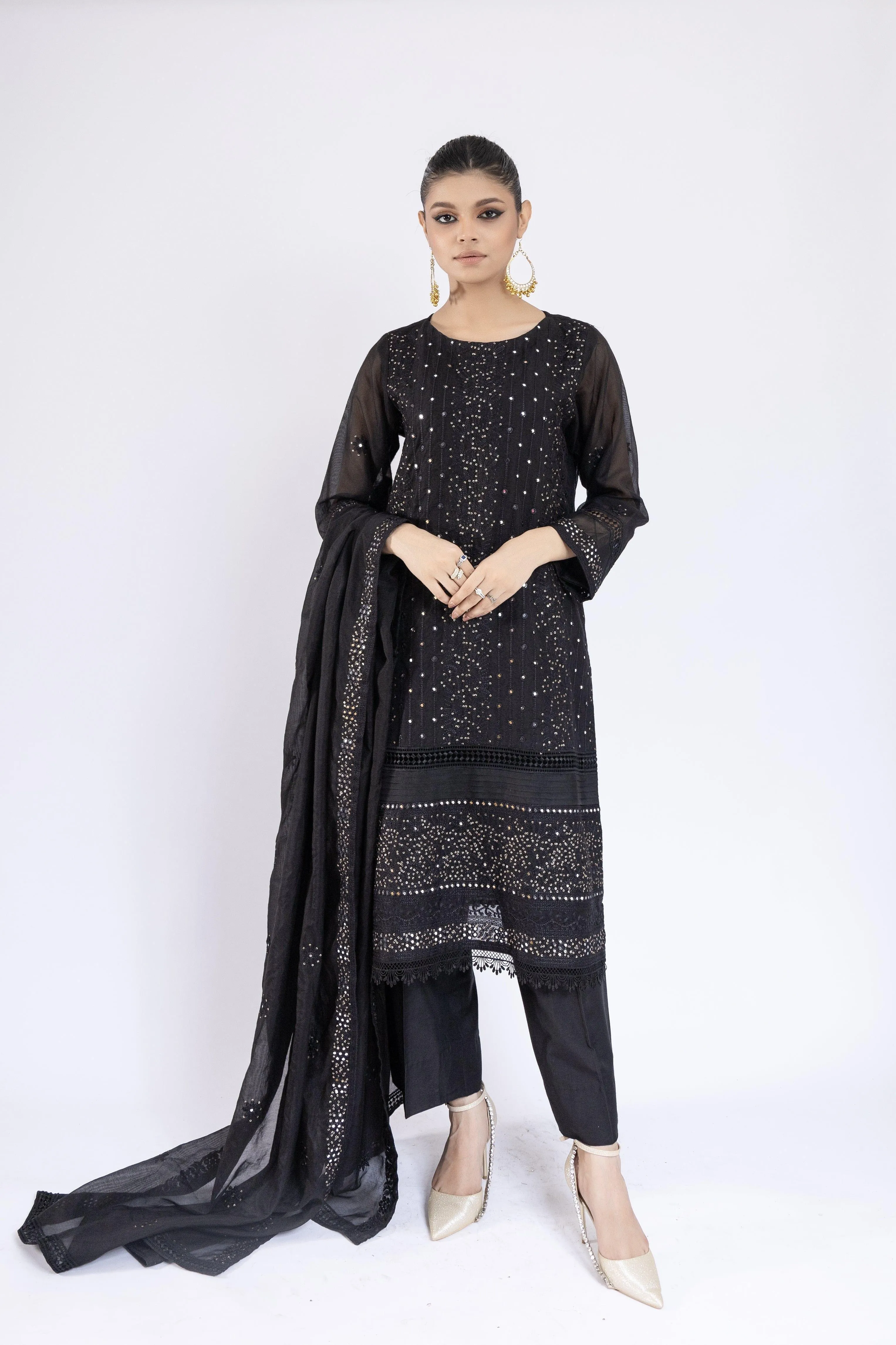 Sadia Aamir - Lailah - Black Organza Embroidered Shirt and Dupatta with Culottes - 3 Piece