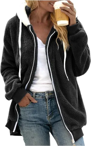 SHAOBGE Oversized Fuzzy Fleece Jackets For Women Fashion 2024 Color Block Faux Fur Cardigan Coat Shaggy Warm Winter Outerwear