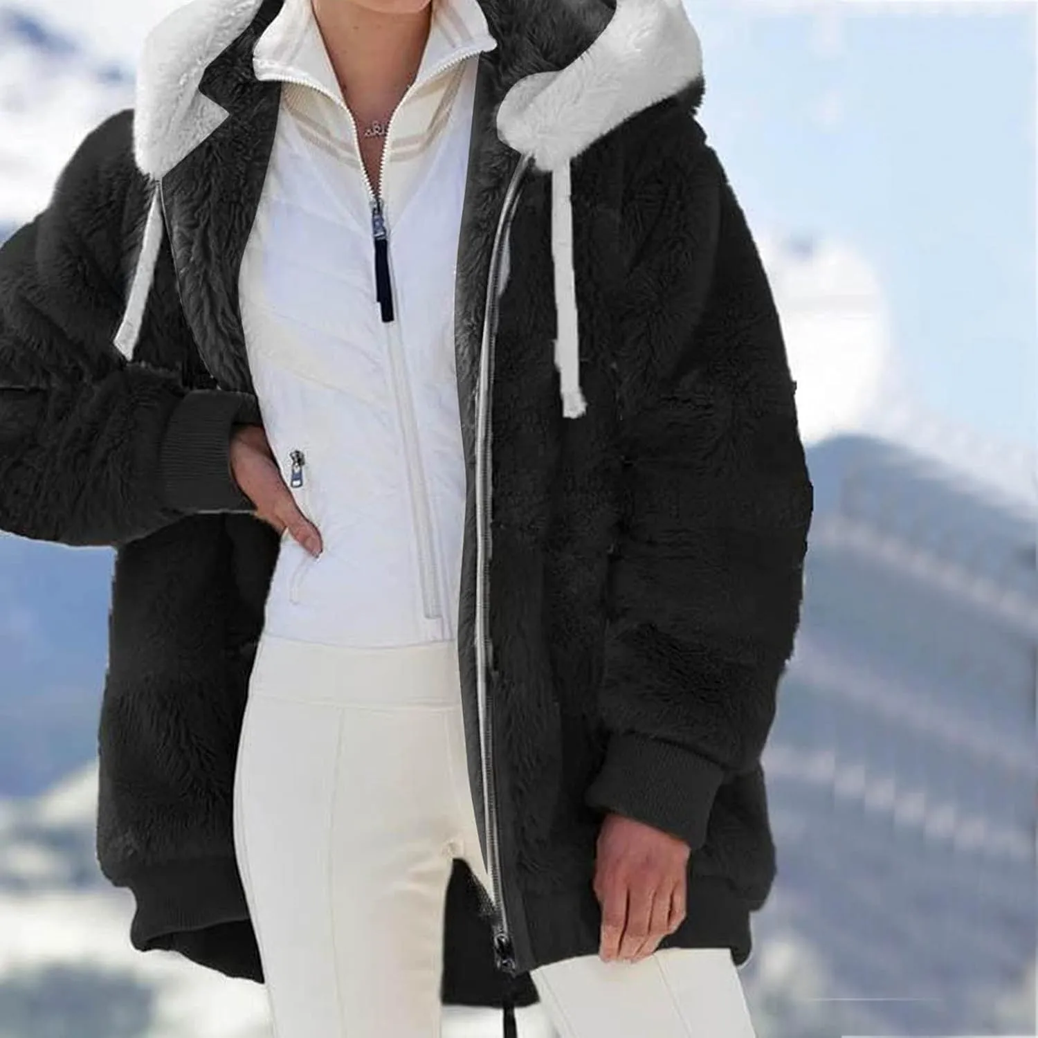 SHAOBGE Oversized Fuzzy Fleece Jackets For Women Fashion 2024 Color Block Faux Fur Cardigan Coat Shaggy Warm Winter Outerwear
