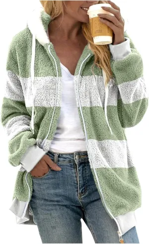SHAOBGE Oversized Fuzzy Fleece Jackets For Women Fashion 2024 Color Block Faux Fur Cardigan Coat Shaggy Warm Winter Outerwear