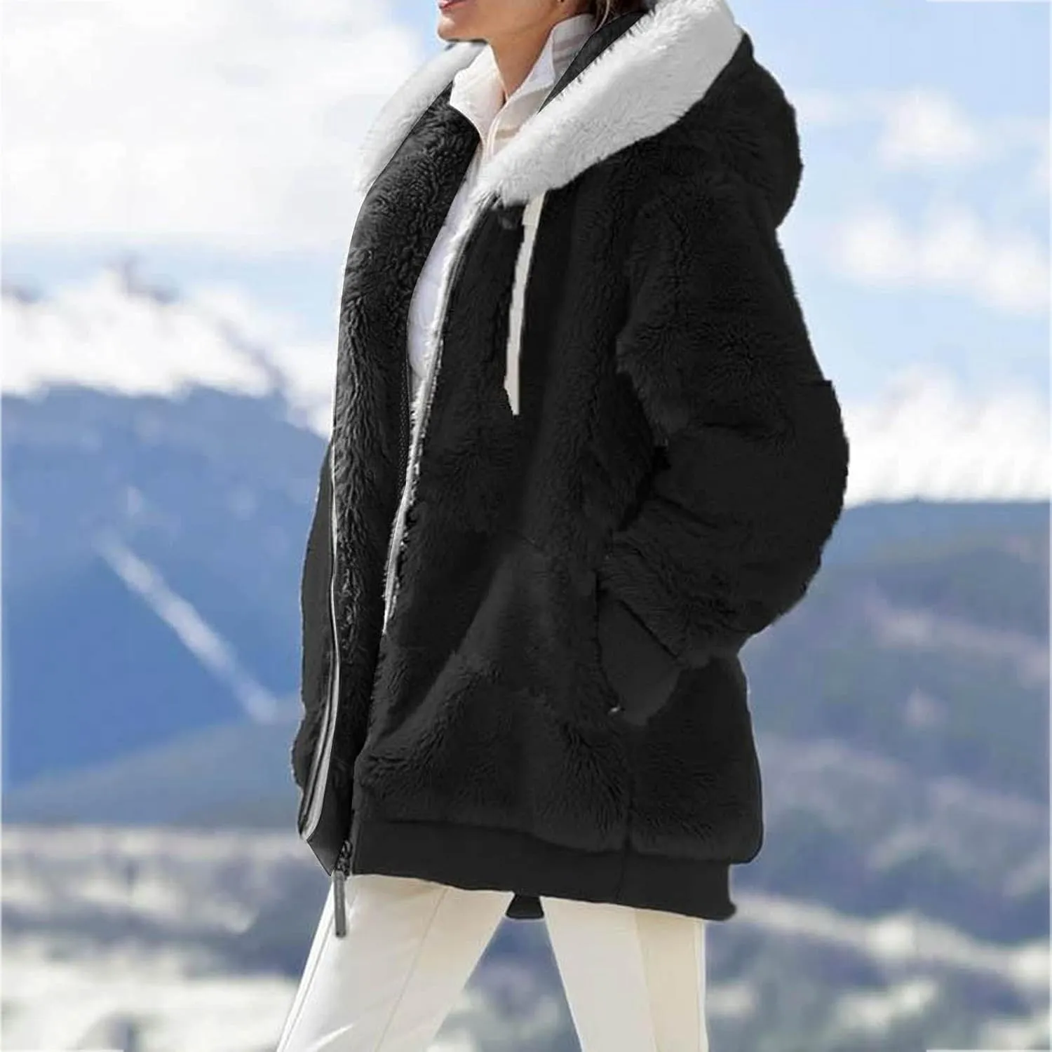 SHAOBGE Oversized Fuzzy Fleece Jackets For Women Fashion 2024 Color Block Faux Fur Cardigan Coat Shaggy Warm Winter Outerwear