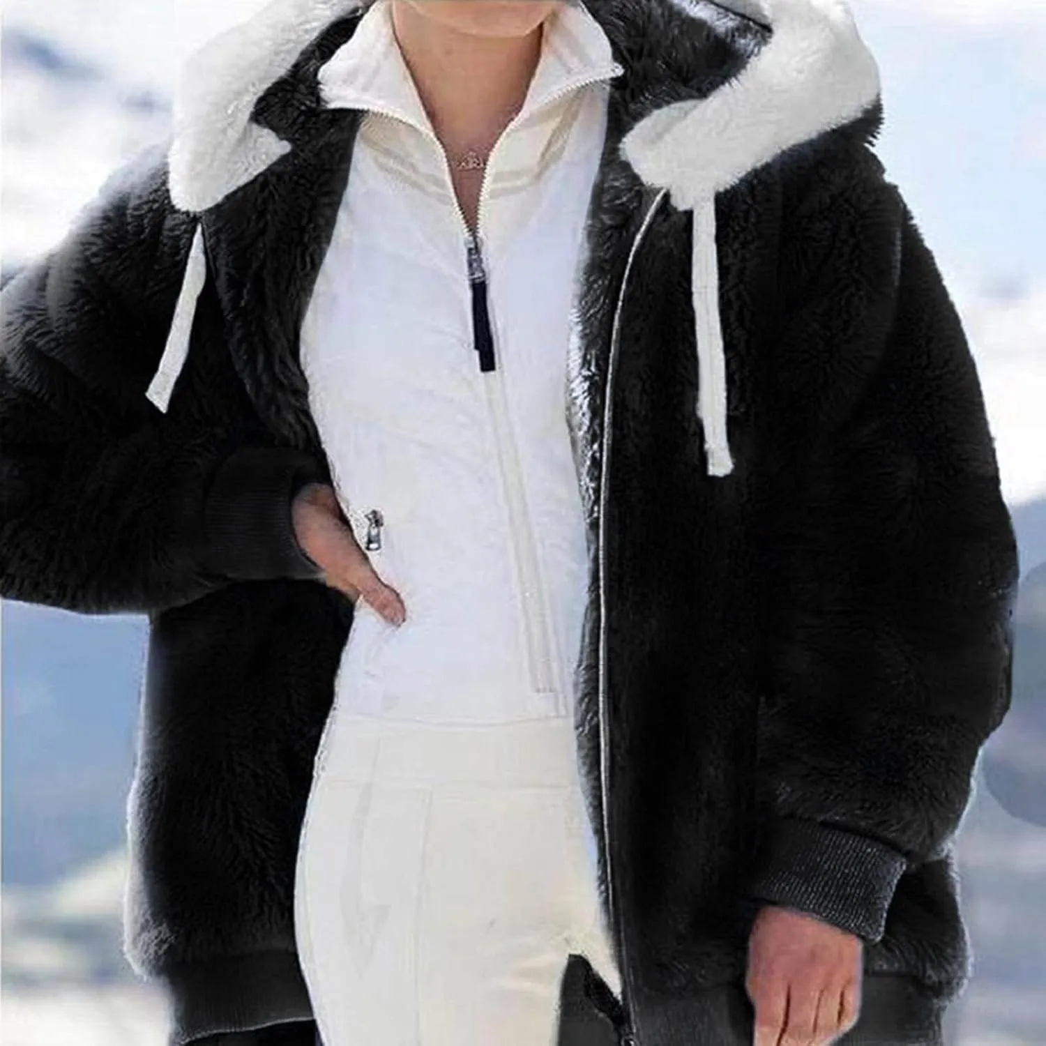 SHAOBGE Oversized Fuzzy Fleece Jackets For Women Fashion 2024 Color Block Faux Fur Cardigan Coat Shaggy Warm Winter Outerwear