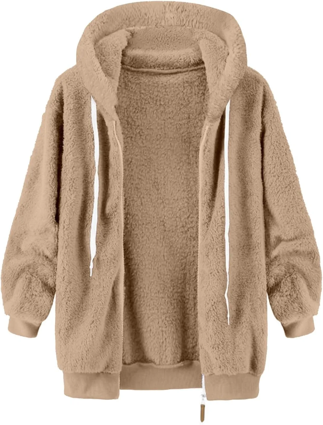Sherpa Fleece Jacket For Women Full Zip Oversized Long Sleeve Hooded Fuzzy Cardigan Coat Fashion Winter Outwear