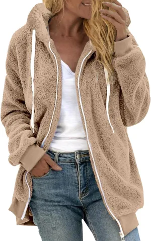 Sherpa Fleece Jacket For Women Full Zip Oversized Long Sleeve Hooded Fuzzy Cardigan Coat Fashion Winter Outwear