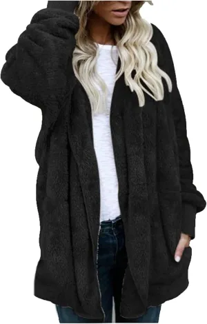 Sherpa Jacket Women Fuzzy Long Sleeve Open Front Hooded Cardigans Hoodies Shaggy Fleece Jackets Winter Faux Fur Coat