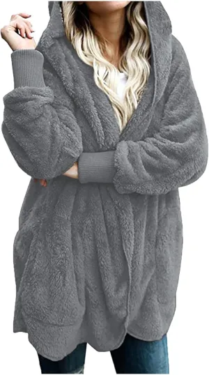 Sherpa Jacket Women Fuzzy Long Sleeve Open Front Hooded Cardigans Hoodies Shaggy Fleece Jackets Winter Faux Fur Coat
