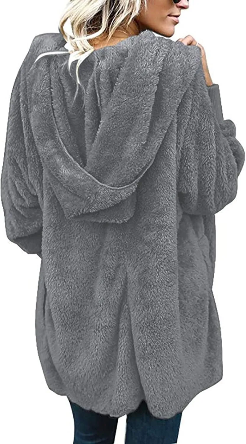 Sherpa Jacket Women Fuzzy Long Sleeve Open Front Hooded Cardigans Hoodies Shaggy Fleece Jackets Winter Faux Fur Coat