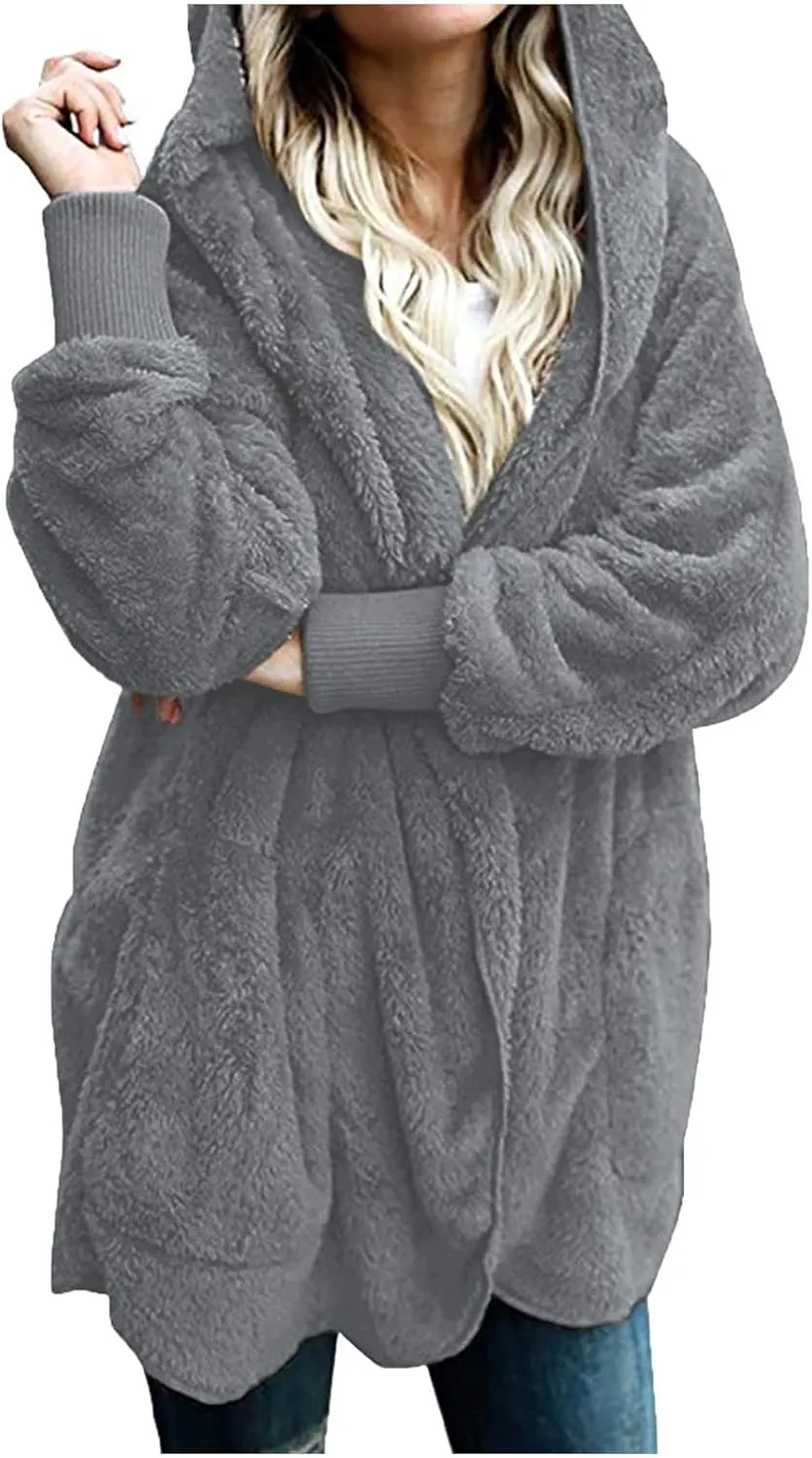 Sherpa Jacket Women Fuzzy Long Sleeve Open Front Hooded Cardigans Hoodies Shaggy Fleece Jackets Winter Faux Fur Coat
