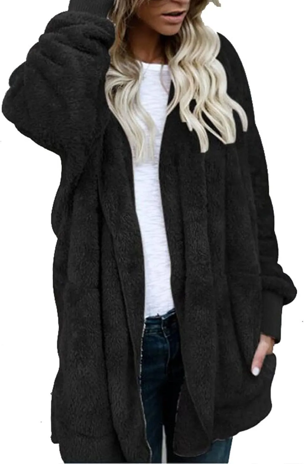 Sherpa Jacket Women Fuzzy Long Sleeve Open Front Hooded Cardigans Hoodies Shaggy Fleece Jackets Winter Faux Fur Coat