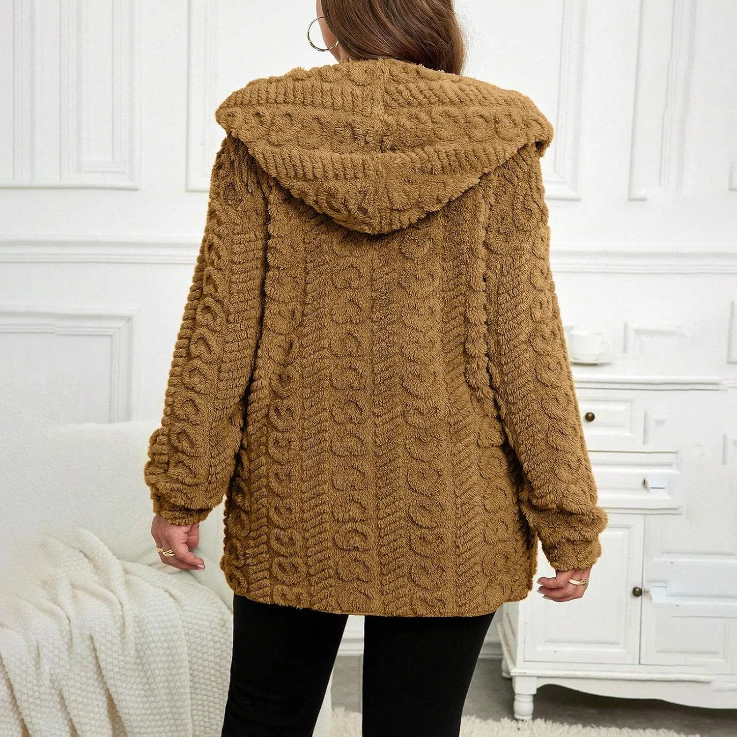Sherpa Jacket Women Teddy Bear Fleece Jacket Oversized Open Front Hooded Cardigan Fuzzy Sweater Coats with Pockets