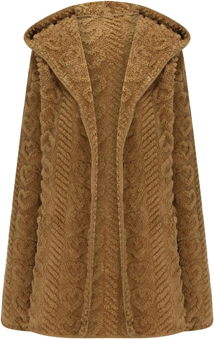 Sherpa Jacket Women Teddy Bear Fleece Jacket Oversized Open Front Hooded Cardigan Fuzzy Sweater Coats with Pockets