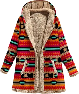 Sherpa Lined Jacket for Women Thick Long Sleeve Warm Winter Coats Vintage Western Print Fleece Outwear Hoodie