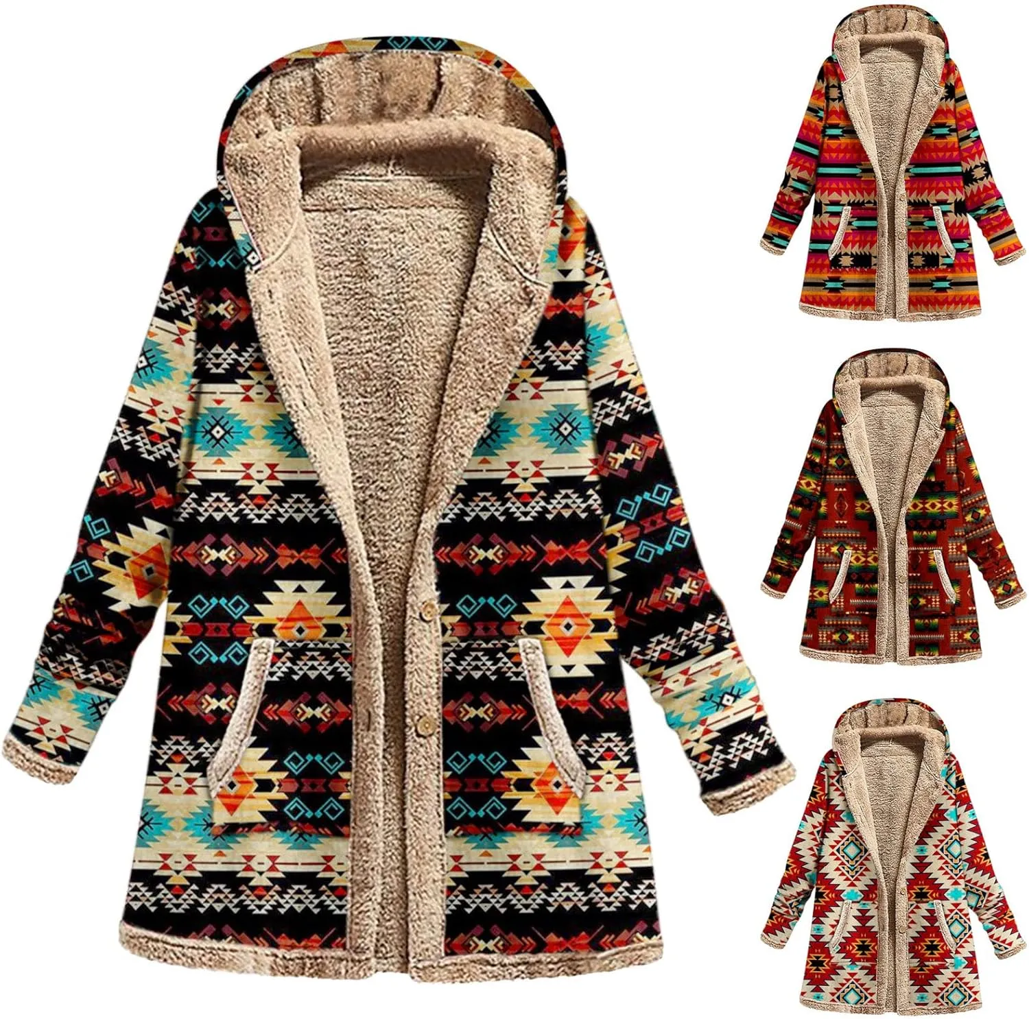 Sherpa Lined Jacket for Women Thick Long Sleeve Warm Winter Coats Vintage Western Print Fleece Outwear Hoodie