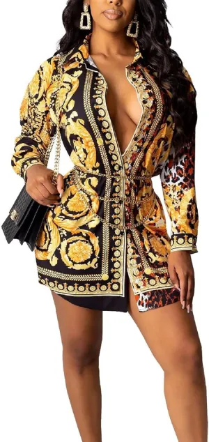 Shirt Dresses for Women Sexy Tops Button Down Shirts Dress Colorful Collar Blouses Long Sleeve Floral Print Loose T-Shirt
