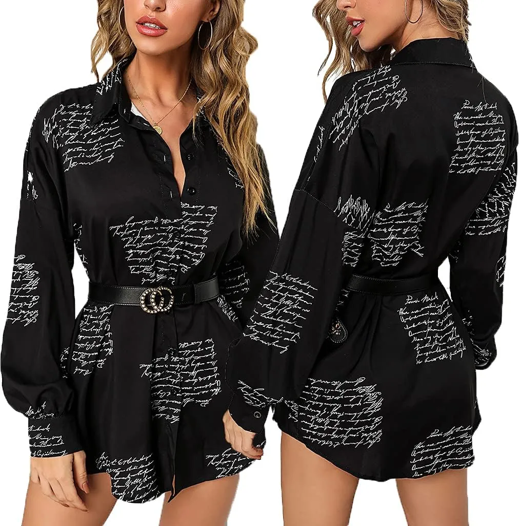 Shirt Dresses for Women Sexy Tops Button Down Shirts Dress Colorful Collar Blouses Long Sleeve Floral Print Loose T-Shirt