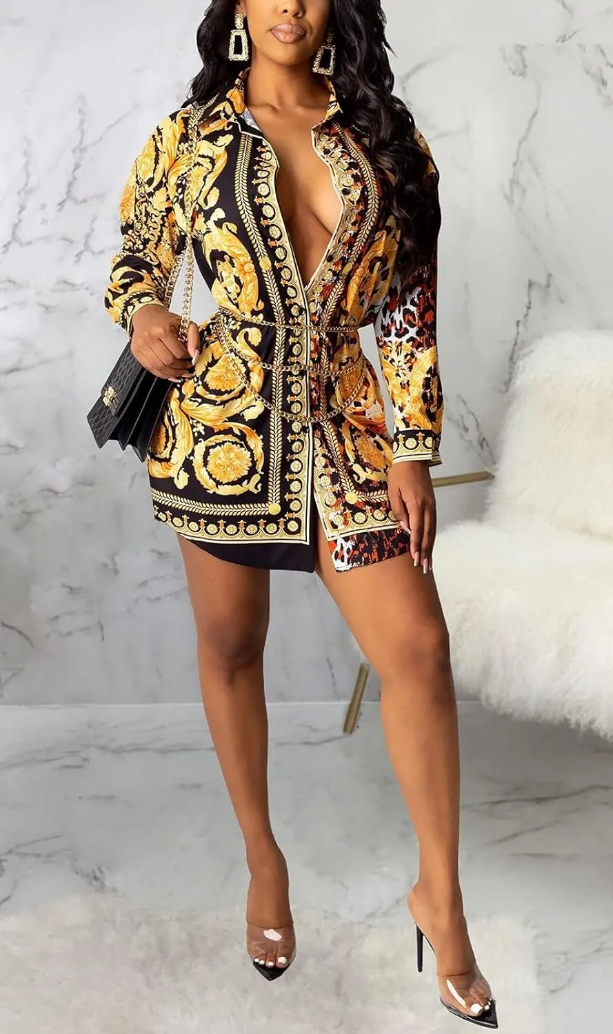 Shirt Dresses for Women Sexy Tops Button Down Shirts Dress Colorful Collar Blouses Long Sleeve Floral Print Loose T-Shirt