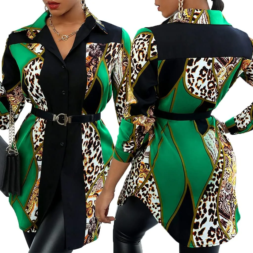 Shirt Dresses for Women Sexy Tops Button Down Shirts Dress Colorful Collar Blouses Long Sleeve Floral Print Loose T-Shirt