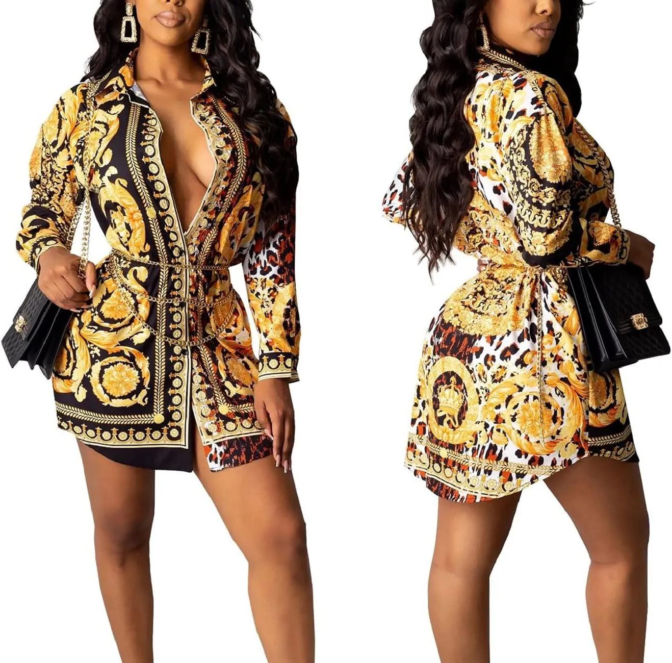 Shirt Dresses for Women Sexy Tops Button Down Shirts Dress Colorful Collar Blouses Long Sleeve Floral Print Loose T-Shirt