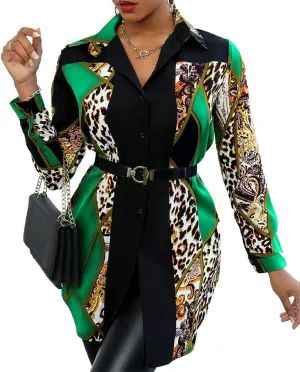 Shirt Dresses for Women Sexy Tops Button Down Shirts Dress Colorful Collar Blouses Long Sleeve Floral Print Loose T-Shirt