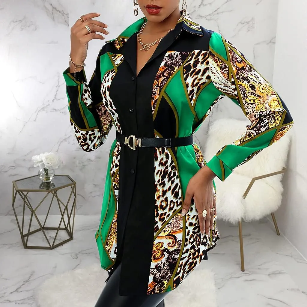 Shirt Dresses for Women Sexy Tops Button Down Shirts Dress Colorful Collar Blouses Long Sleeve Floral Print Loose T-Shirt