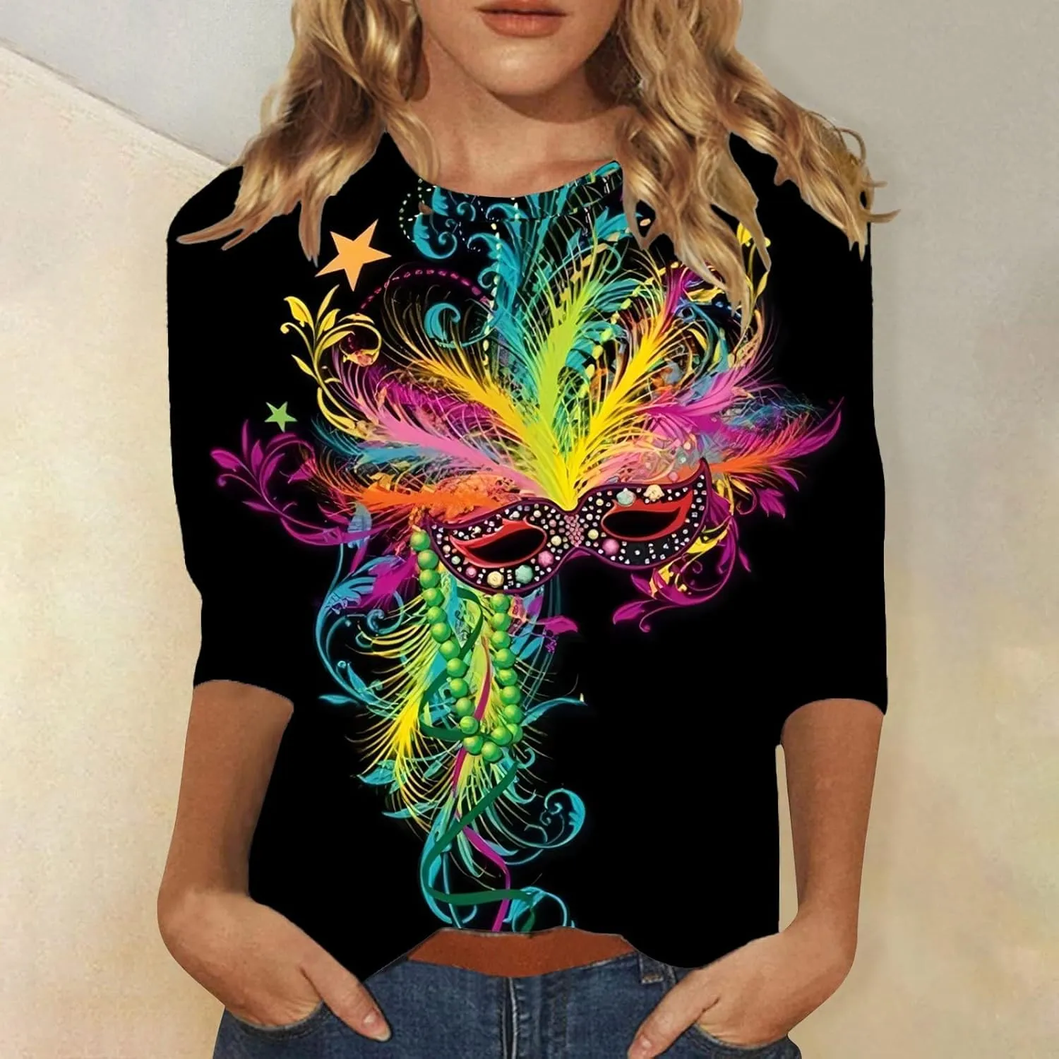 Shirts for Women 3/4 Length Sleeve Crewneck Tops 2024 Fall Casual Loose Fit Printed Tee Cute Basic Blouses for Women