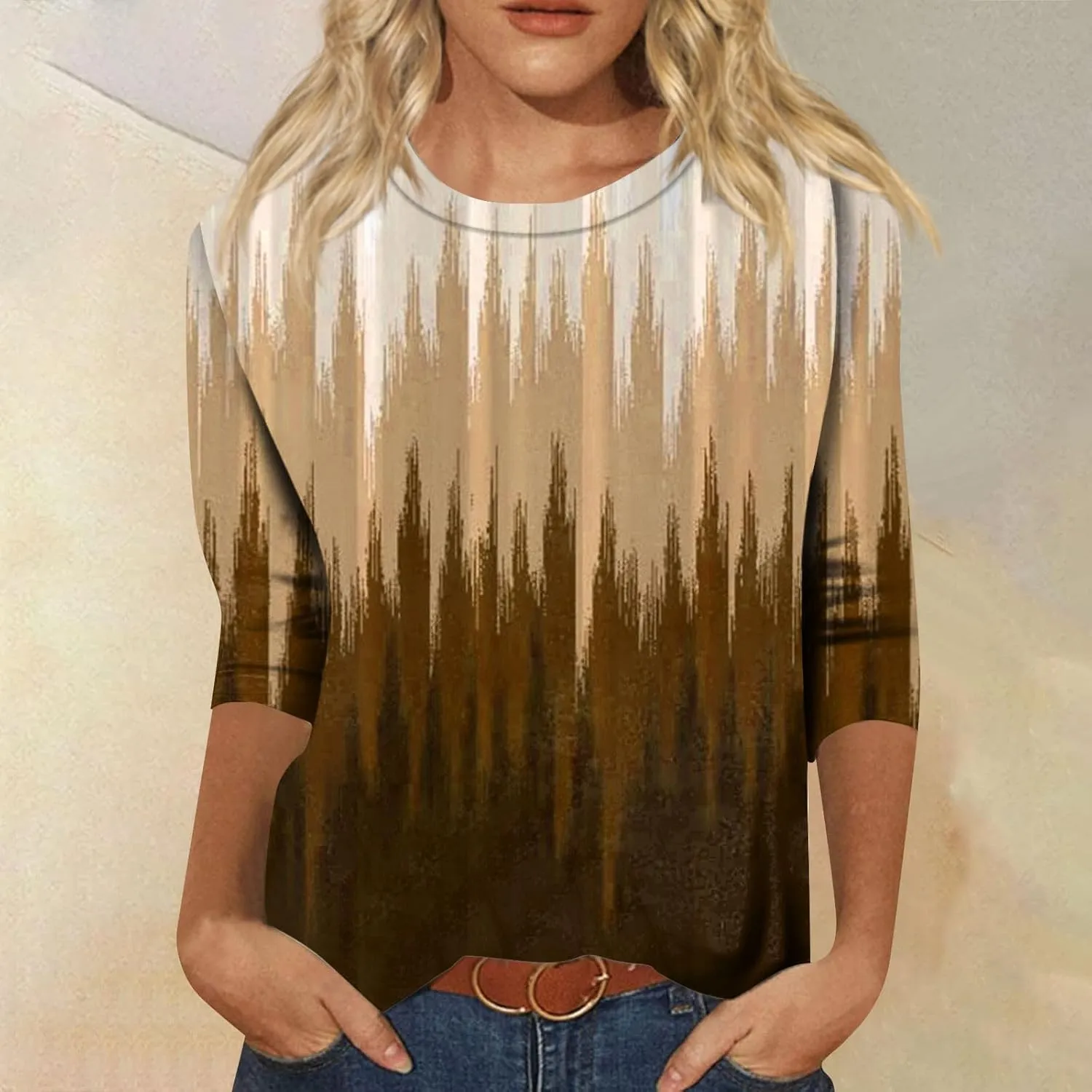 Shirts for Women 3/4 Length Sleeve Crewneck Tops 2024 Fall Casual Loose Fit Printed Tee Cute Basic Blouses for Women