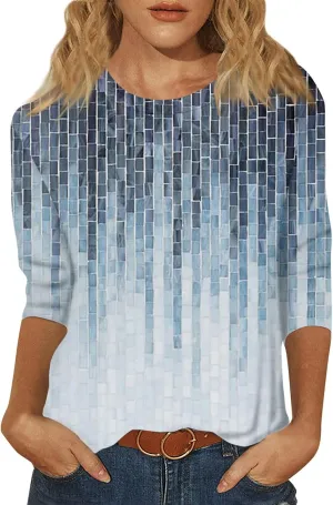 Shirts for Women 3/4 Length Sleeve Crewneck Tops 2024 Fall Casual Loose Fit Printed Tee Cute Basic Blouses for Women