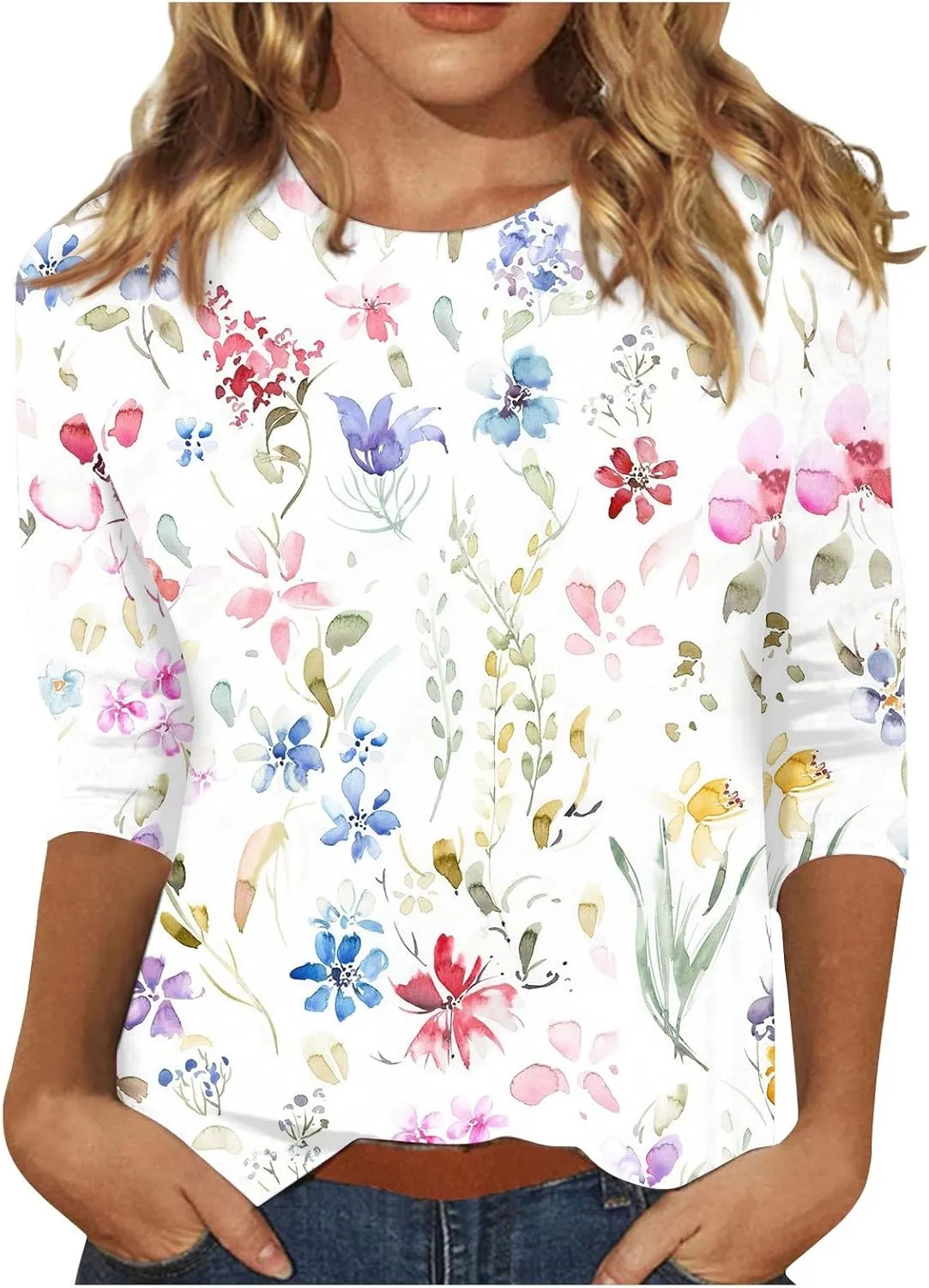 Shirts for Women 3/4 Length Sleeve Crewneck Tops 2024 Fall Casual Loose Fit Printed Tee Cute Basic Blouses for Women