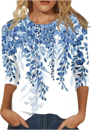 Shirts for Women 3/4 Length Sleeve Crewneck Tops 2024 Fall Casual Loose Fit Printed Tee Cute Basic Blouses for Women