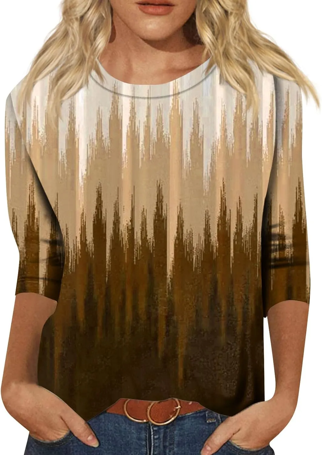 Shirts for Women 3/4 Length Sleeve Crewneck Tops 2024 Fall Casual Loose Fit Printed Tee Cute Basic Blouses for Women