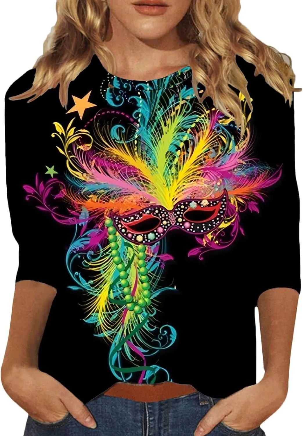 Shirts for Women 3/4 Length Sleeve Crewneck Tops 2024 Fall Casual Loose Fit Printed Tee Cute Basic Blouses for Women