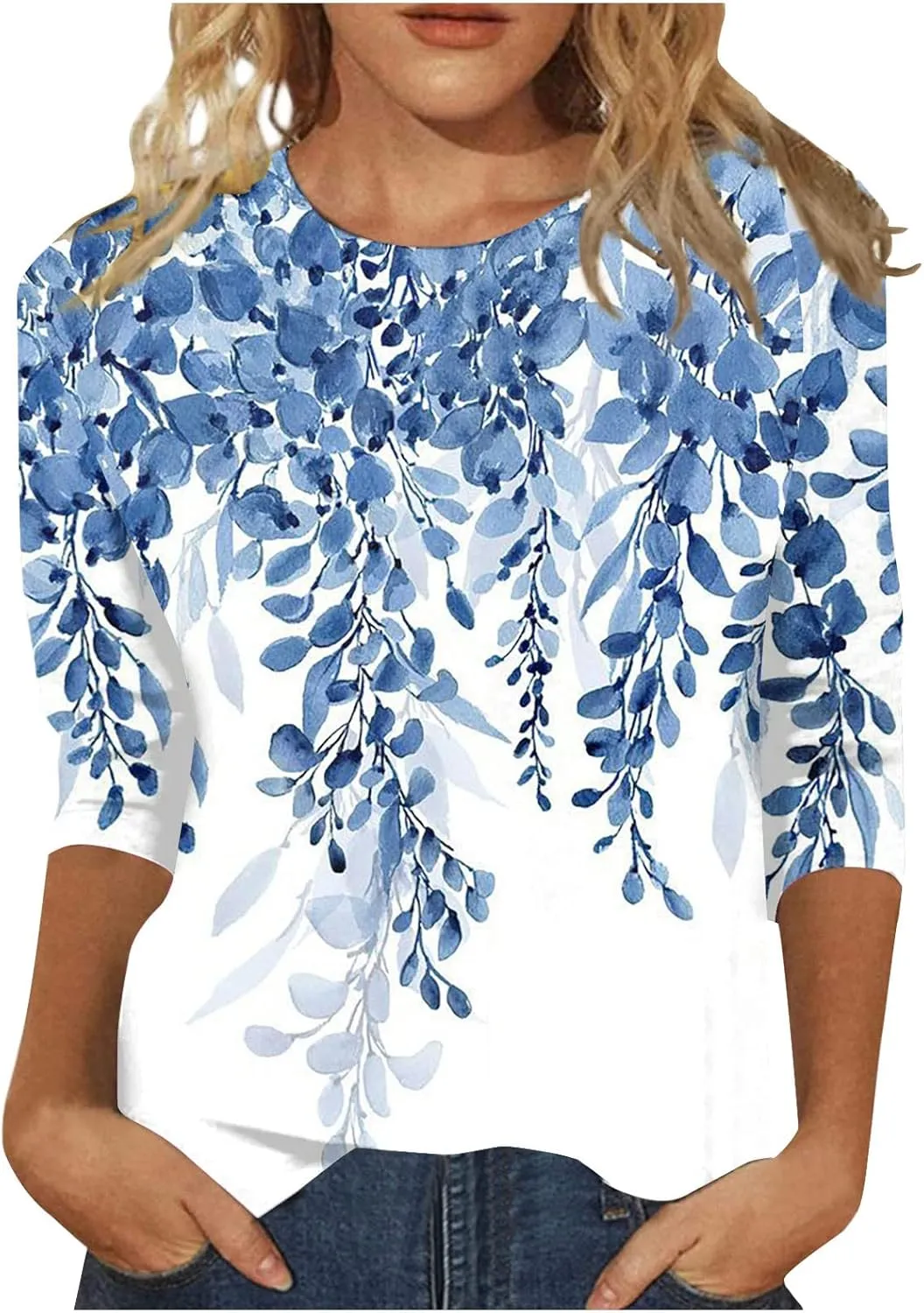 Shirts for Women 3/4 Length Sleeve Crewneck Tops 2024 Fall Casual Loose Fit Printed Tee Cute Basic Blouses for Women